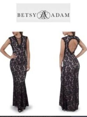 Betsy & Adam Black Floral Lace Backless Evening Gown